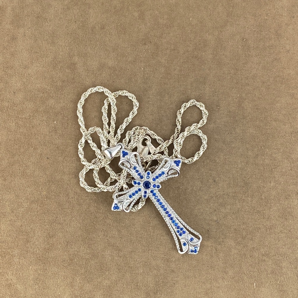 Sold Blue Sapphires 925 Silver Cross - Picture 8 of 10